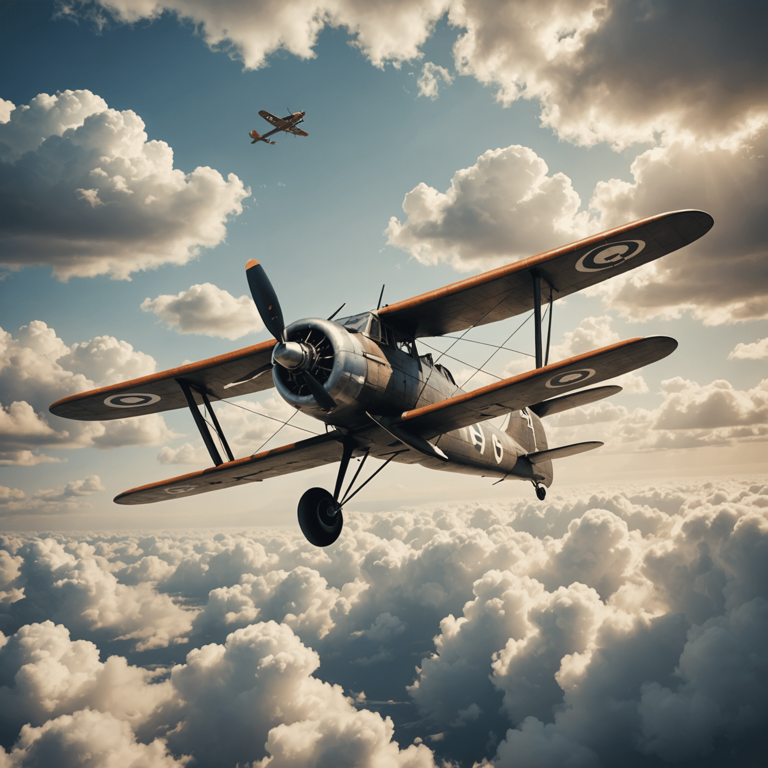 A vintage-style illustration of a propeller aircraft soaring through clouds, with game board elements visible below
