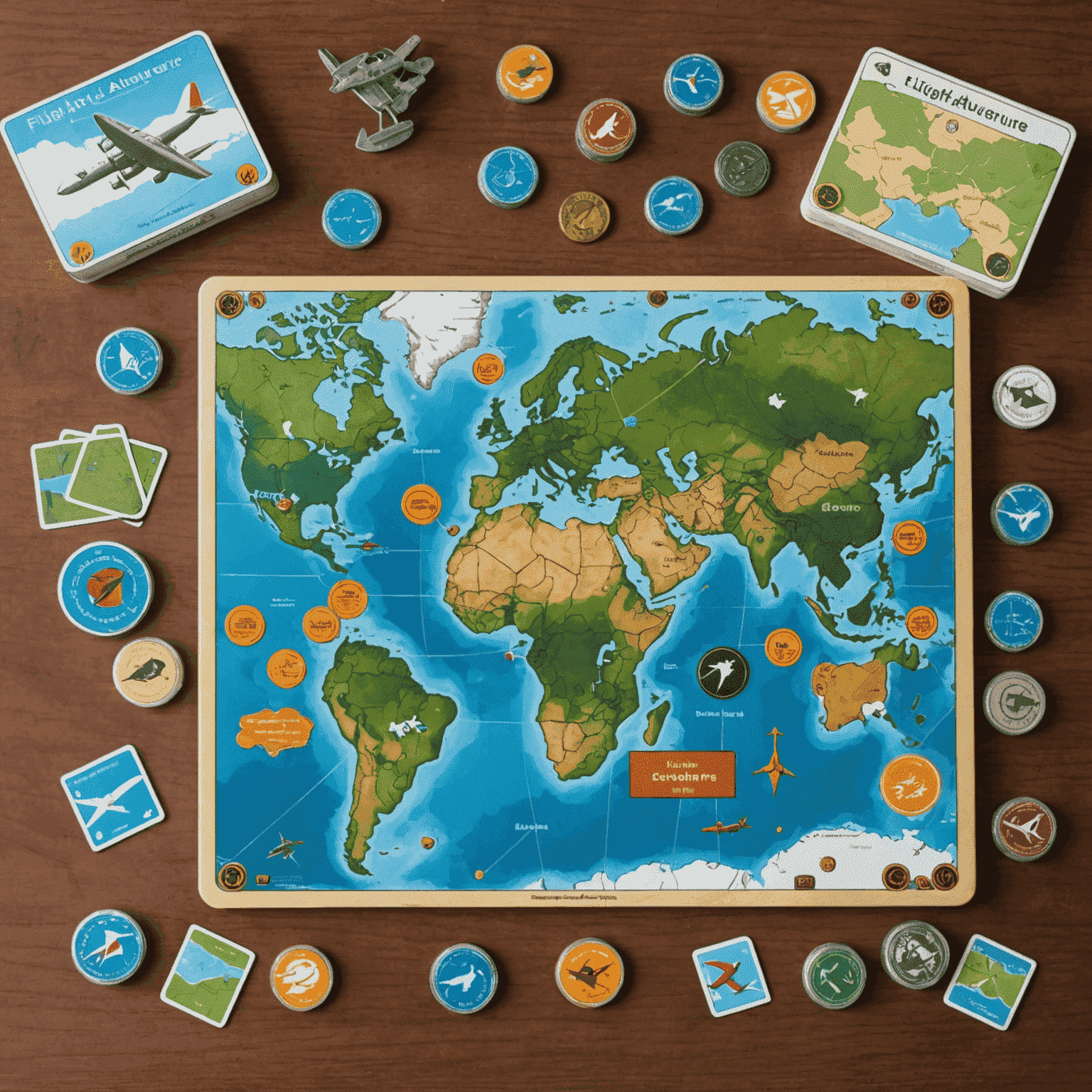 FlightAdventure board game setup with airplane tokens, cards, and a map board