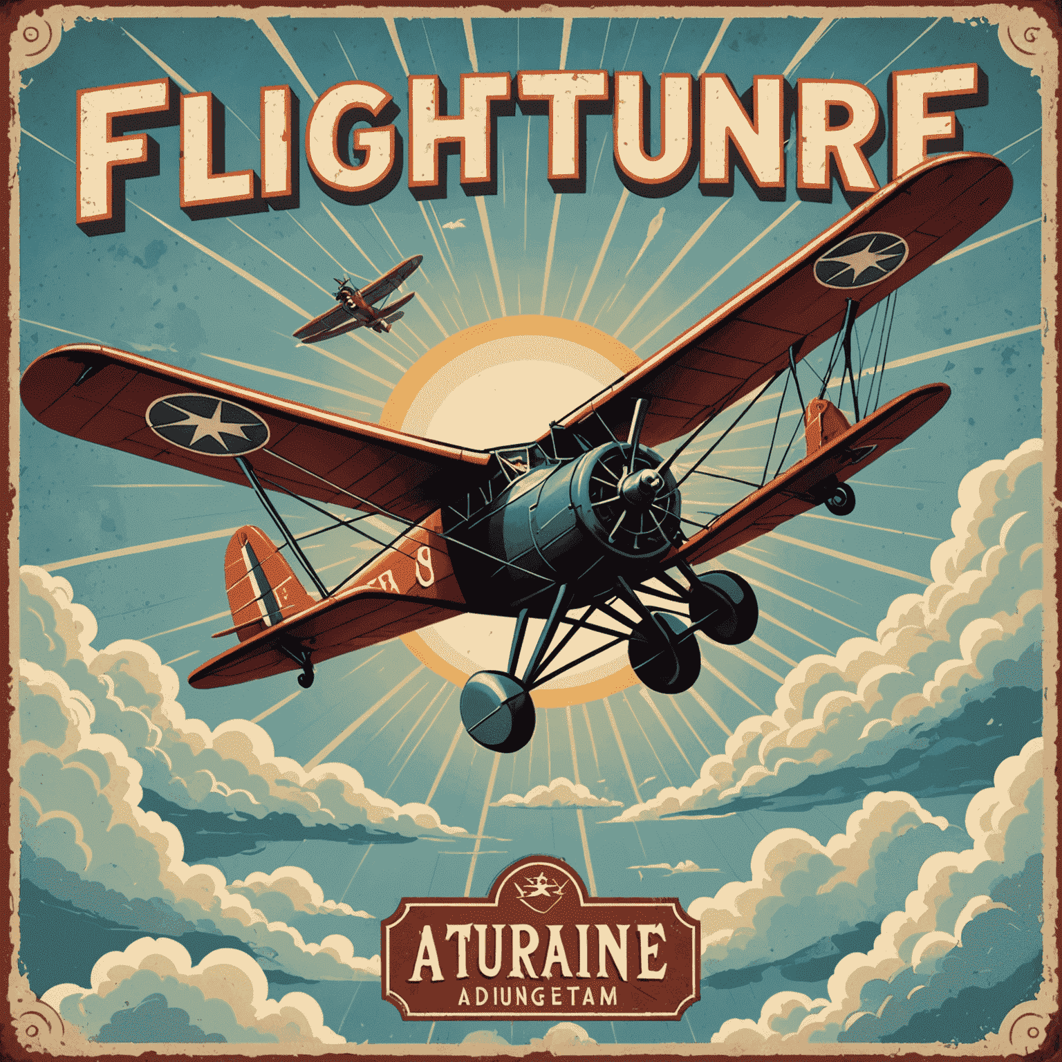 A vintage-style illustration of the FlightAdventure board game box, featuring a stylized biplane soaring through clouds with a sunburst background. The game title is prominently displayed in a bold, distressed font.