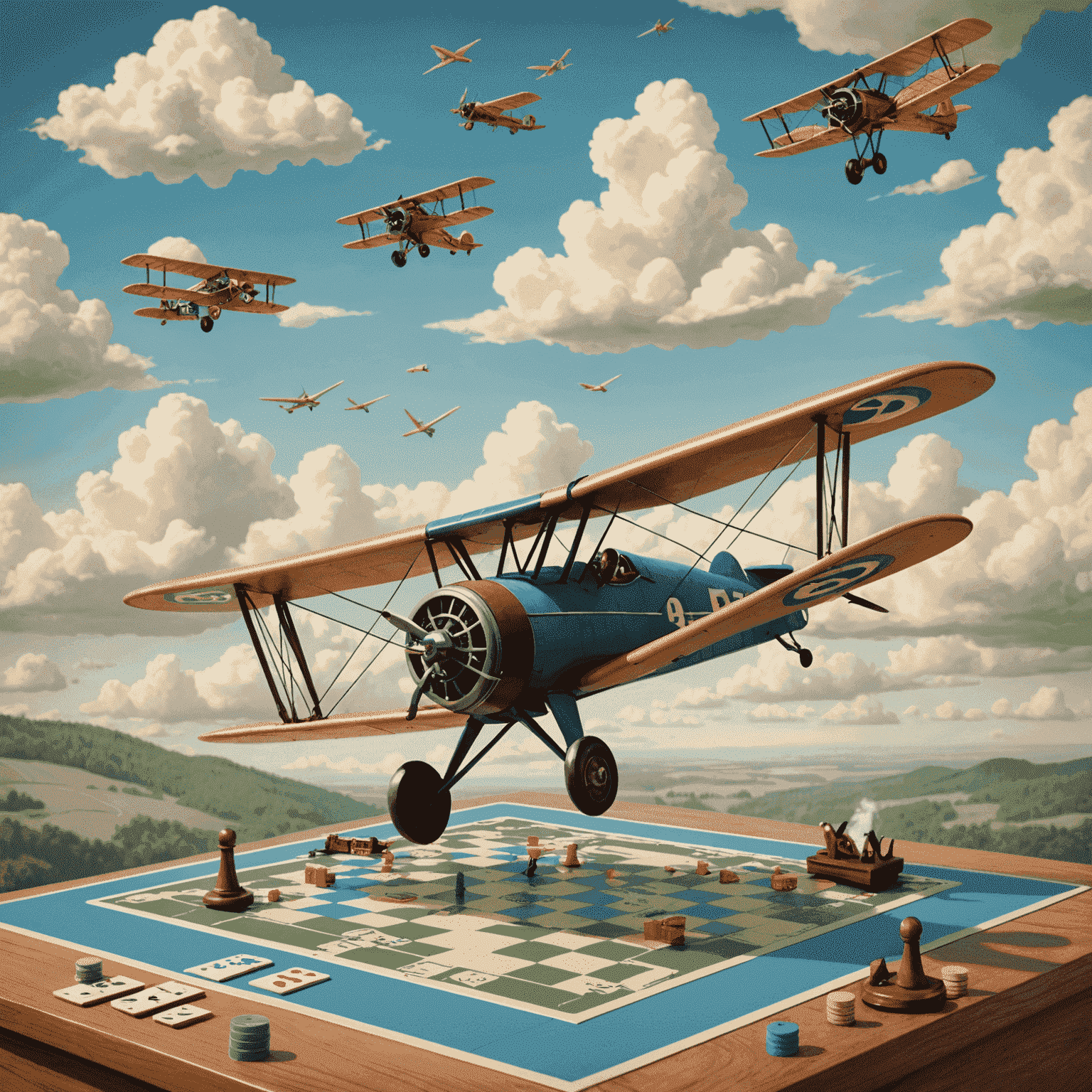 A vintage-style illustration of a 1920s biplane soaring over a stylized board game setup, with game pieces shaped like miniature aircraft and clouds