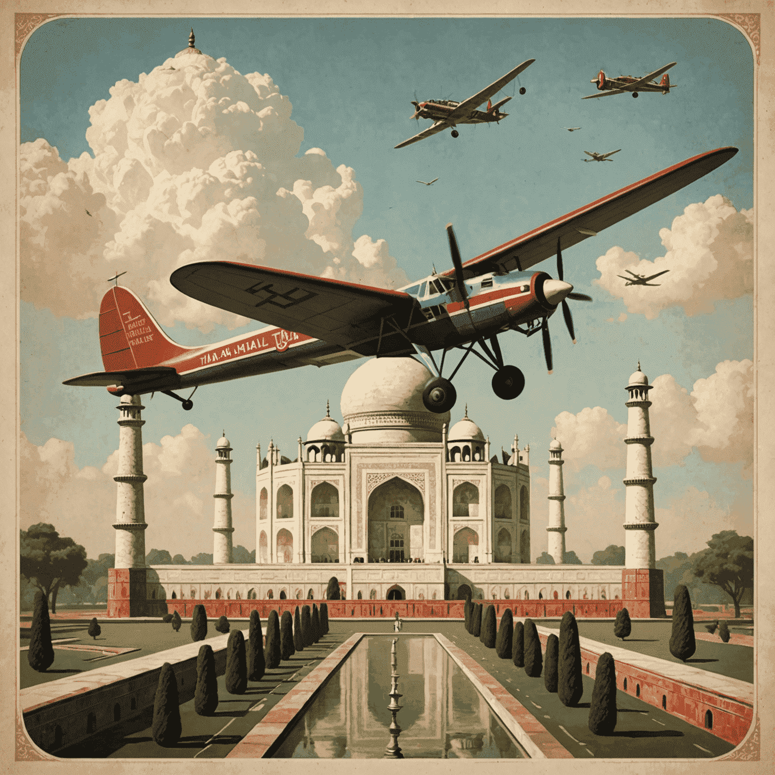 A vintage-style illustration of a propeller aircraft flying over the Taj Mahal, symbolizing FlightAdventure's expansion into India