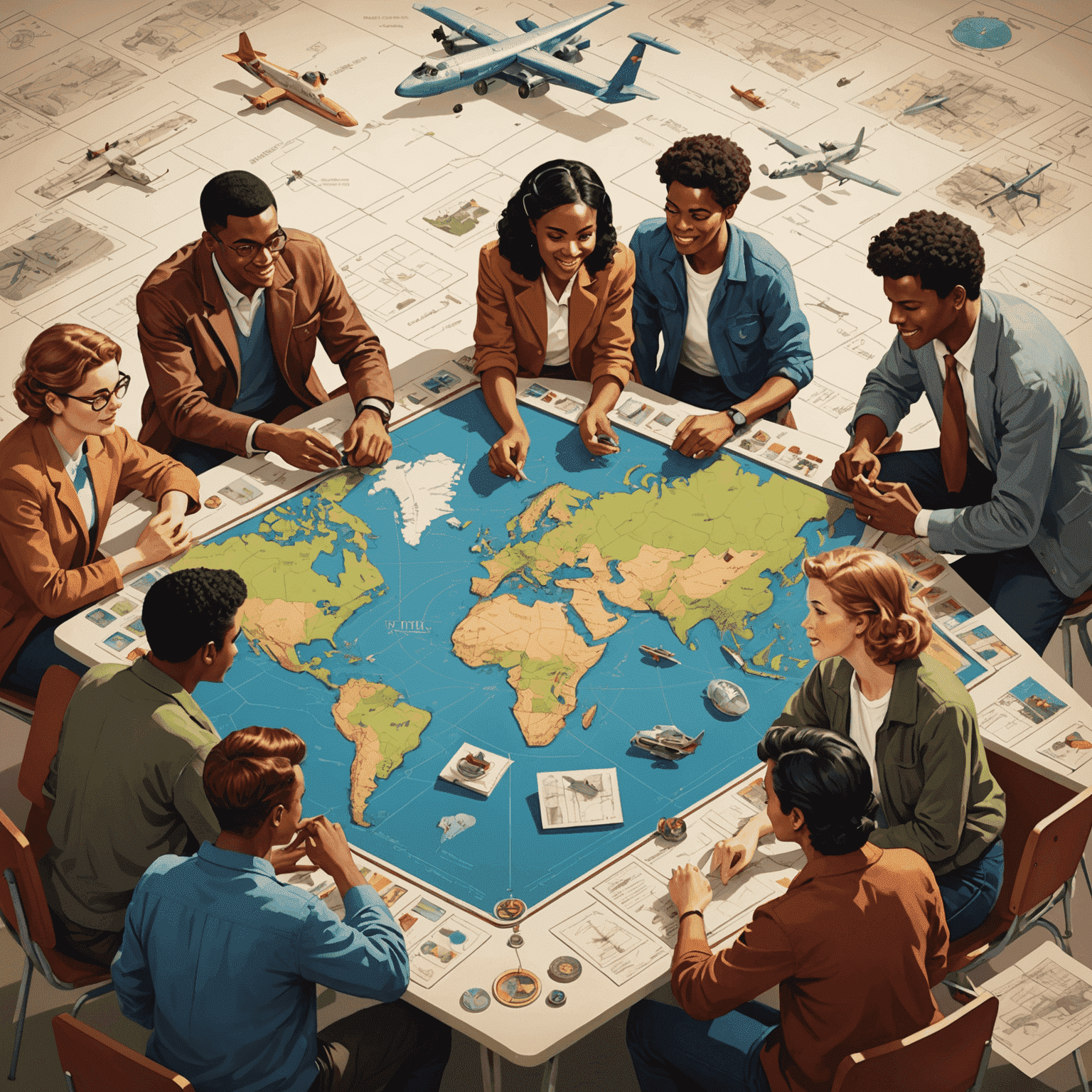 A vintage-style illustration of a diverse group of young people gathered around a FlightAdventure board game, with aircraft schematics and career paths floating above them