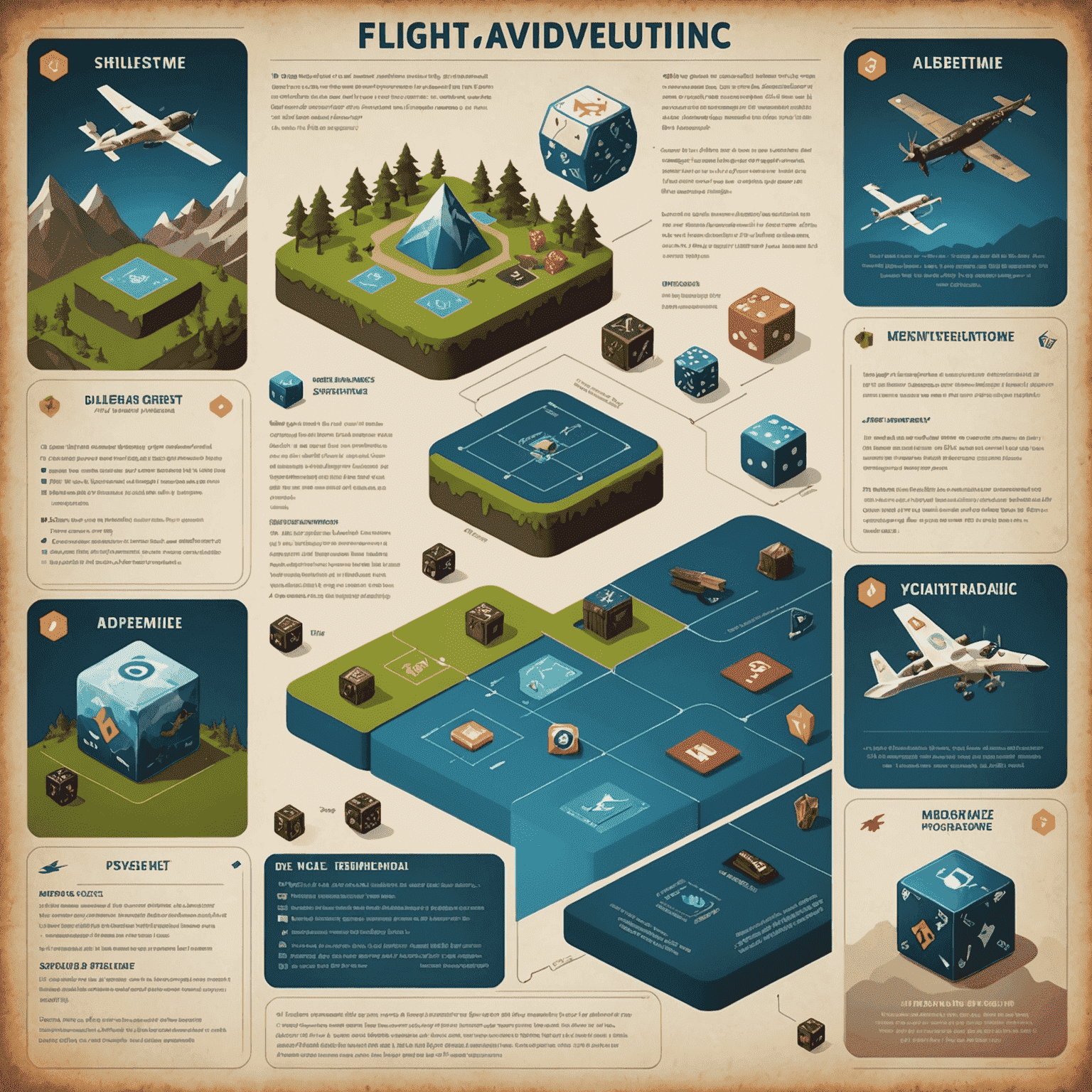 Infographic showing FlightAdventure game mechanics with icons for dice, cards, and player actions