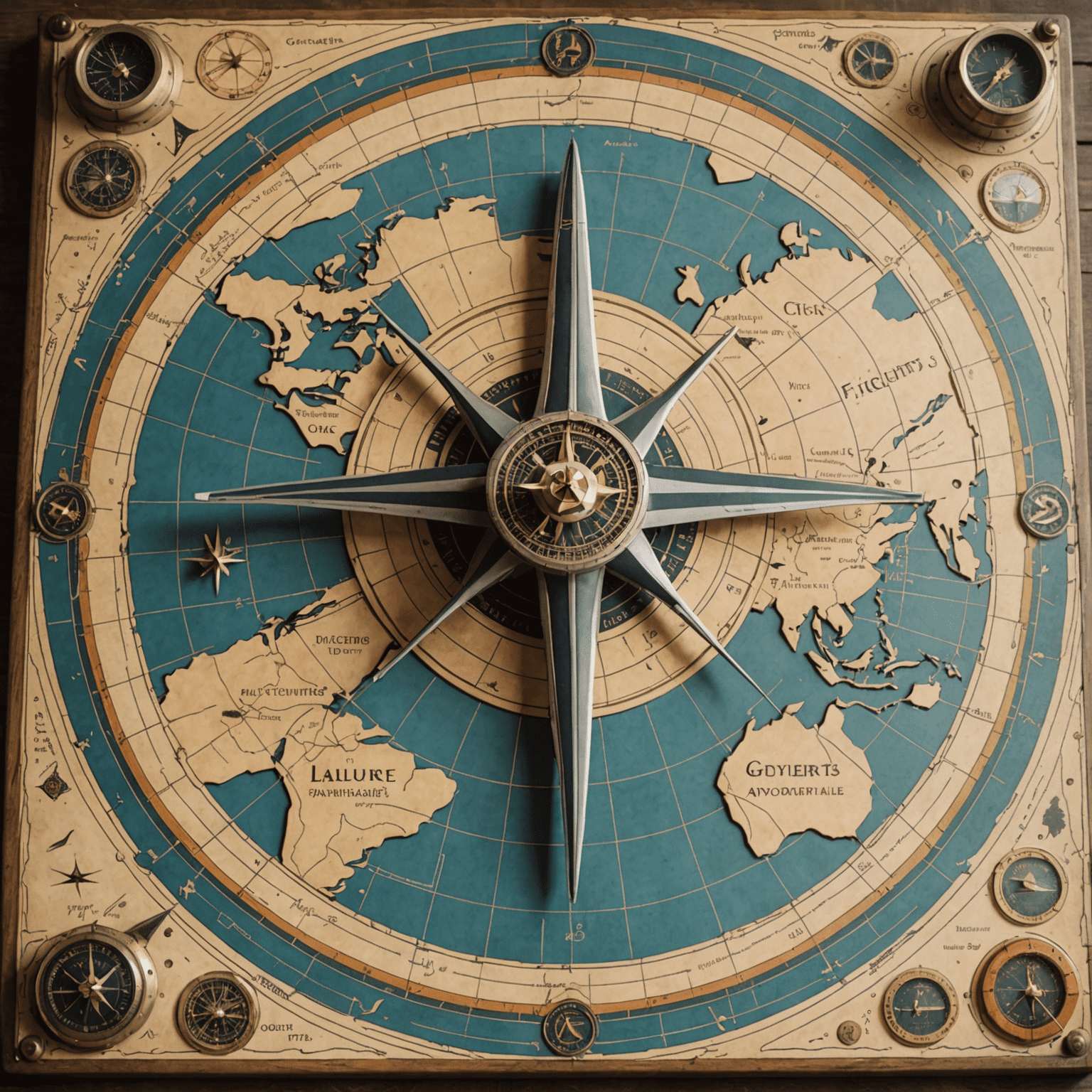 A close-up view of the FlightAdventure game board, showing intricate details of airports, flight paths, and miniature aircraft pieces. The board has a vintage map style with aged paper texture and compass rose designs.