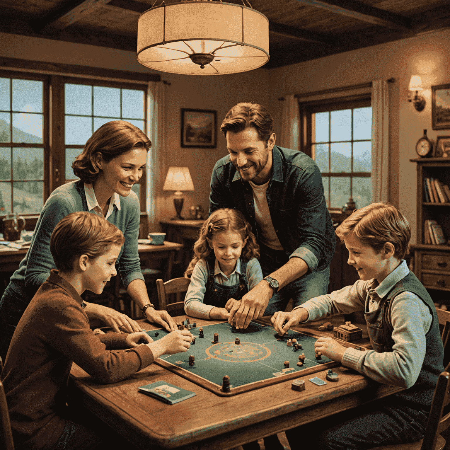 A family gathered around a table playing FlightAdventure. The scene is warmly lit, emphasizing the vintage feel of the game components. Children and adults are seen strategizing together, with looks of excitement on their faces.