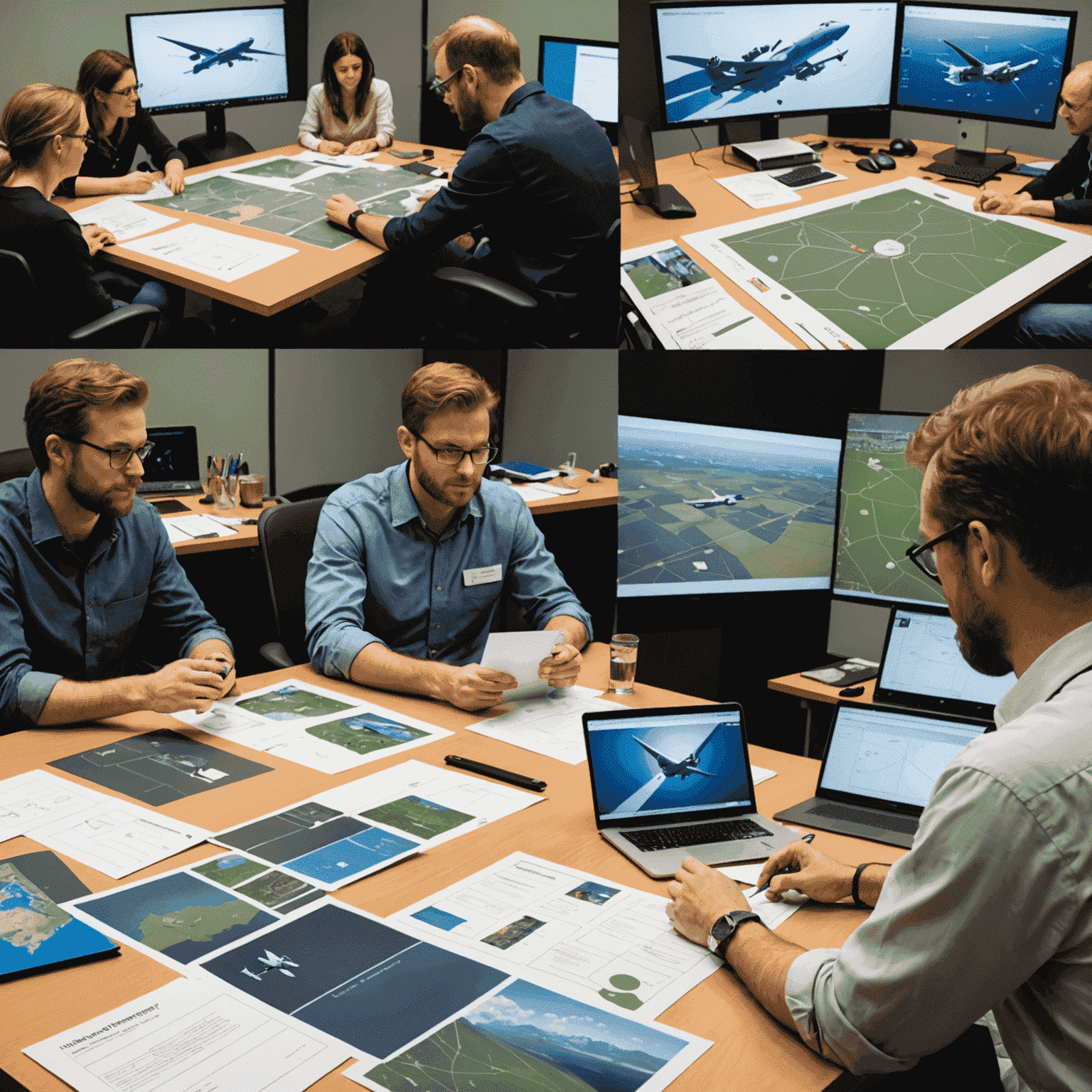 Collage of FlightAdventure game designers working on prototypes and consulting with aviation experts